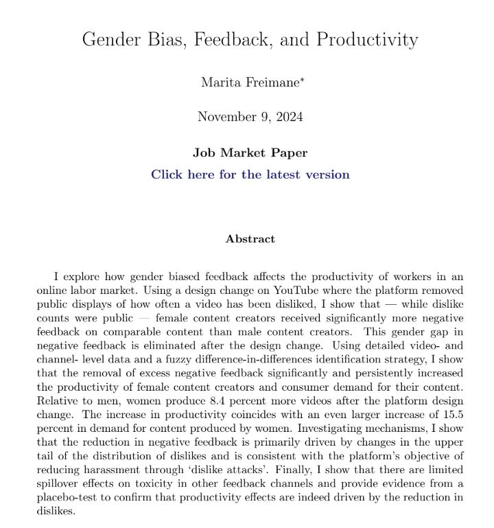 Female content creators on YouTube received significantly more negative feedback for comparable content. 

But the removal of public display of dislikes eliminated this gender gap and persistently increased female creator productivity and consumer demand.