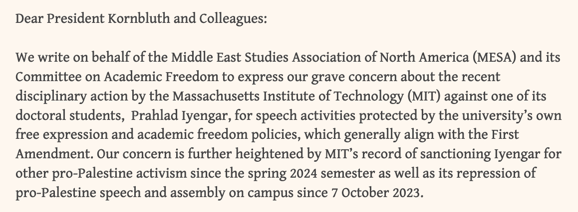 EricLeeAtty's tweet photo. Thank you Middle East Studies Ass'n (@MESA_1966) for this devastating letter opposing MIT's efforts to ban/expel Prahlad Iyengar for writing an article defending the ppl of Palestine. Please read, share &amp; demand MIT drop discipline against my client!

1/6

https://t.co/m280nzDs1N https://t.co/X65OIOdoq6