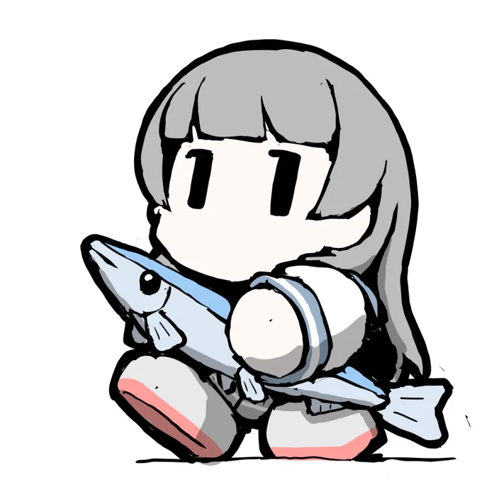 艦これラクガキ、まめ艦いそかぜお気に入りの"さんまのぬいぐるみ"を抱えてお出掛けですw 