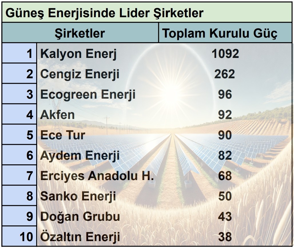 Güneş Enerjisinde Lider Şirketler

1) Kalyon Enerj ➩ 1092
2) Cengiz Enerji ➩ 262
3) Ecogreen Enerji ➩ 96
4) Akfen ➩ 92 #Akfye
5) Ece Tur ➩ 90
6) Aydem Enerji ➩ 82 #Aydem
7) Erciyes Anadolu H. ➩ 68
8) Sanko Enerji ➩ 50
9) Doğan Grubu ➩ 43 #Gwind
10) Özaltın Enerji ➩ 38
