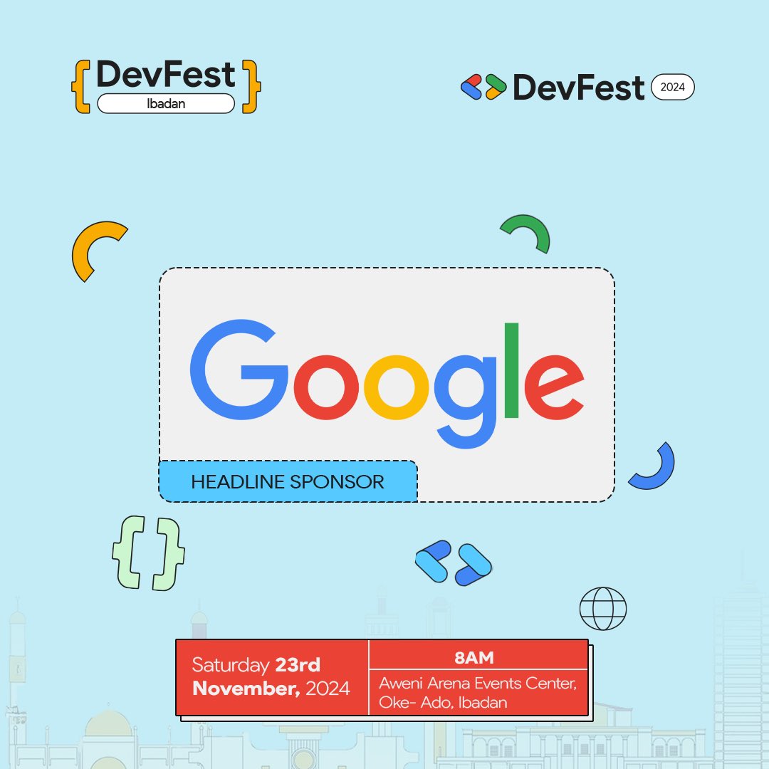 🚀 DevFest Ibadan 2024 Headline Sponsor: Google! 🤩

RSVP NOW! 📅 bit.ly/devfest-ibadan…

Nov 23rd, 8:00 AM | Aweni Arena Events Center, Ibadan

#DevFestIbadan24 #ResponsibleAI #Gdgibadan #devfest #SponsorReveal