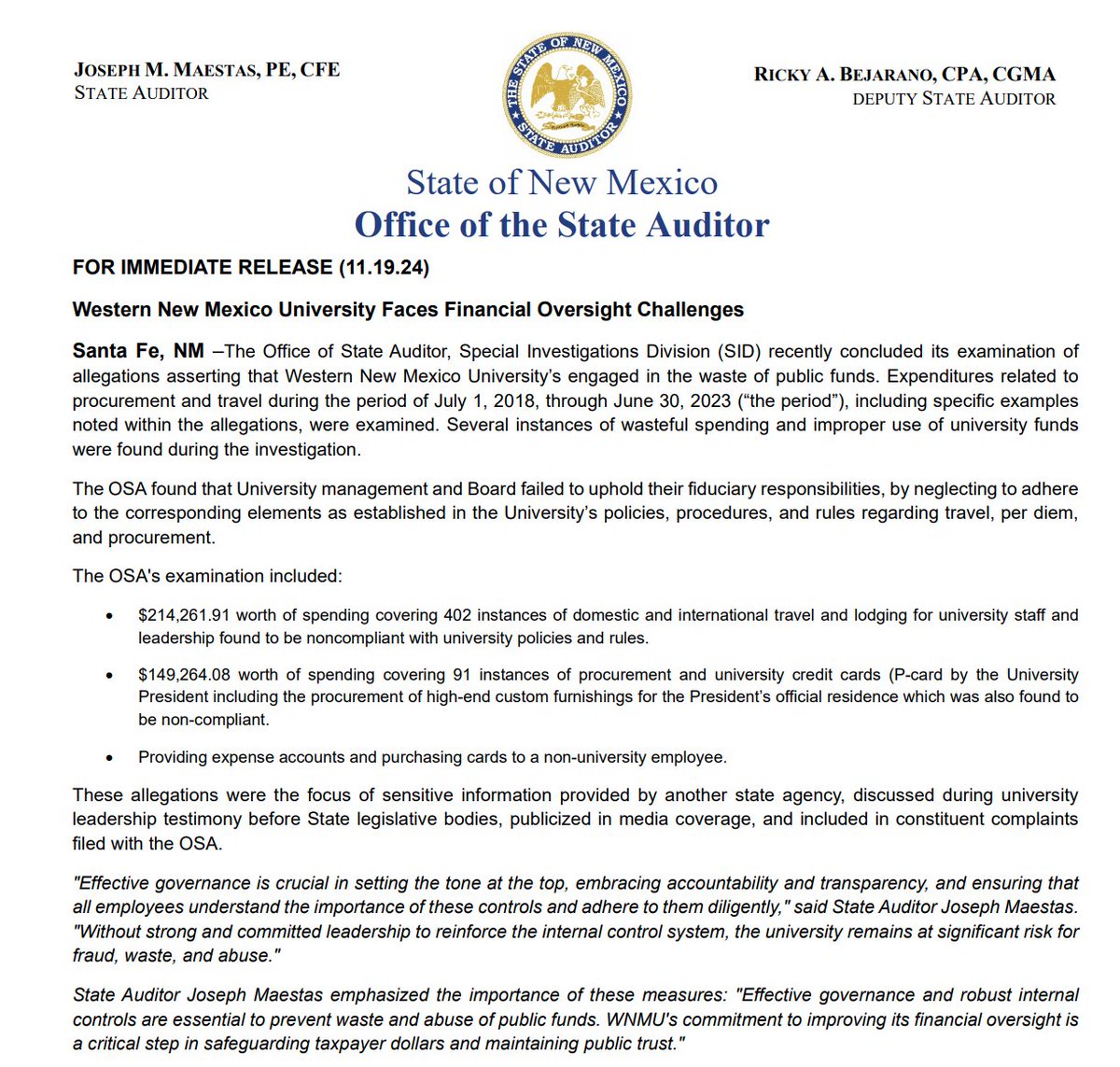 MrJoshuaBowling's tweet photo. BREAKING: NM Office of State Auditor announces that Western New Mexico University's leadership has "engaged in the waste of public funds"

The "wasteful," "improper" and "non-compliant" spending includes $214K on travel and $149K on credit cards, including luxury furniture ... 1/ https://t.co/691FoJlBZb