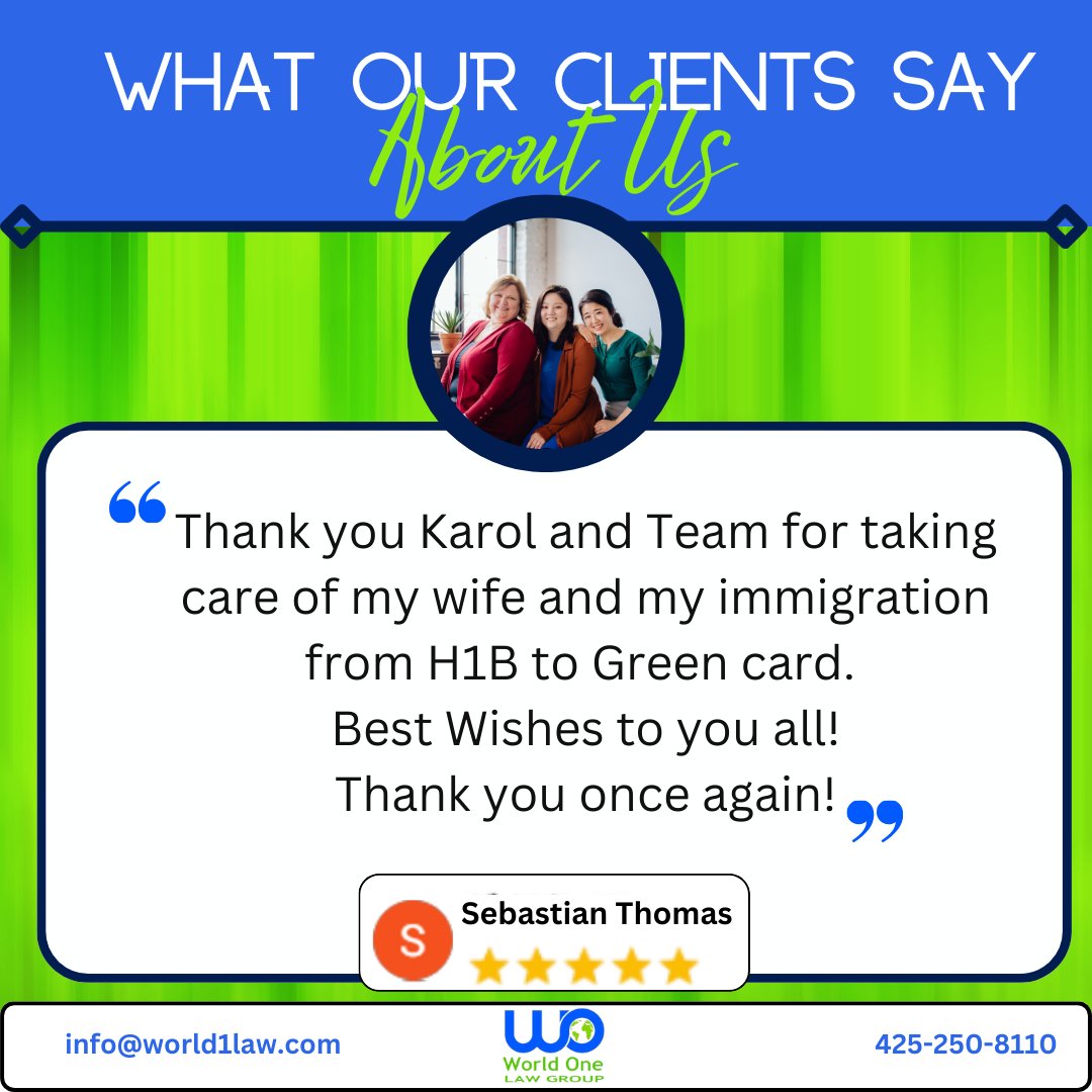 Sebastian Thomas shared his wonderful experience and gave a glowing review for World One Law Group. We're proud to help make American dreams come true! Contact us to learn how we can help make your American dream a reality with expert immigration advice!
#TuesdayTestimonial
