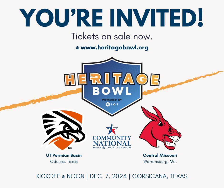 Heritage Bowl Powered by Riot (@heritagebowl) on Twitter photo 🎳🎆Don't miss the fireworks show! High flying <a href="/UTPBFootball/">UTPB Football</a> (7-4) and <a href="/UCMFootballTeam/">Mules Football</a> (8-3) are set to collide in <a href="/CityofCorsicana/">Corsicana</a> in the Heritage Bowl Powered by <a href="/RiotPlatforms/">Riot Platforms, Inc.</a> on Dec. 7! Tickets at heritagebowl.org & make your plans to stay at visitcorsicana.com. 🎳🎆Don't miss the fireworks show! High flying <a href="/UTPBFootball/">UTPB Football</a> (7-4) and <a href="/UCMFootballTeam/">Mules Football</a> (8-3) are set to collide in <a href="/CityofCorsicana/">Corsicana</a> in the Heritage Bowl Powered by <a href="/RiotPlatforms/">Riot Platforms, Inc.</a> on Dec. 7! Tickets at heritagebowl.org & make your plans to stay at visitcorsicana.com.