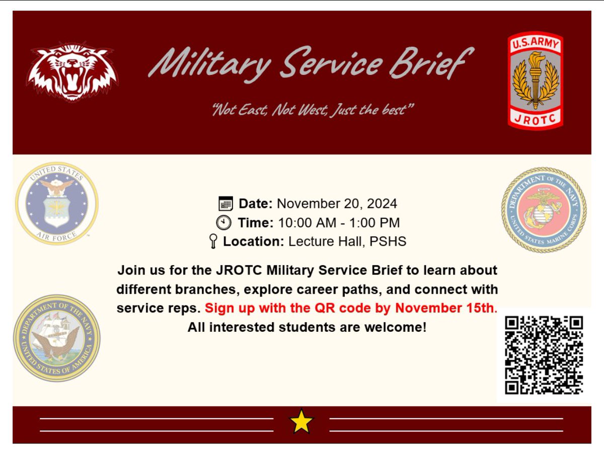 Interested in a military career? Join us at the JROTC Military Service Brief! 🗓️ Nov. 20, 10 AM–1 PM, Lecture Hall, PSHS. Learn about different branches, connect with reps, &amp; explore career paths. Sign up by Nov. 15 with the QR code. #JROTC #CareerOpportunities