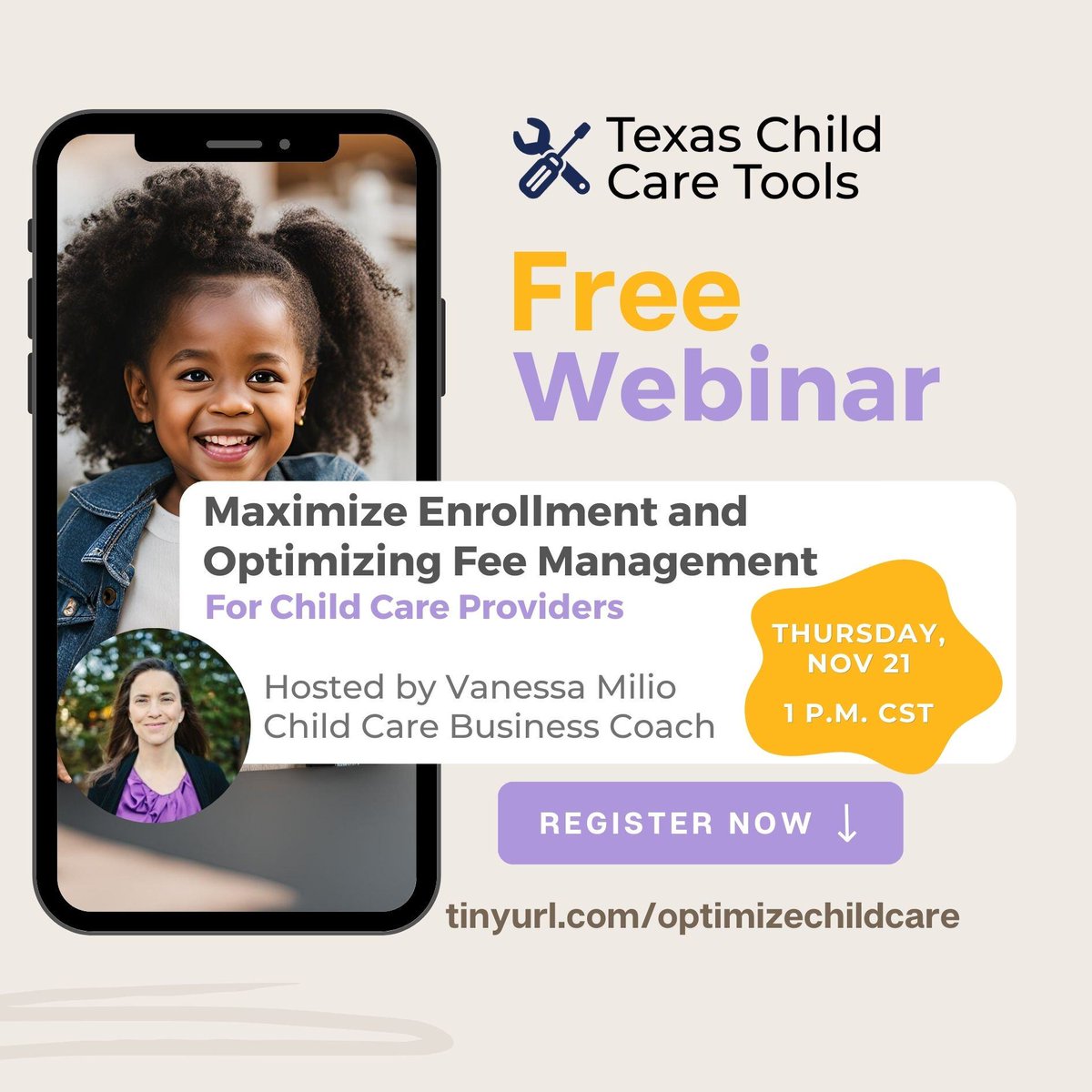 📣Attention TX Child Care Tools members, join us this Thursday for a FREE webinar to help your child care business thrive! 🌟

✅ Boost enrollment
✅ Manage waitlists
✅ Set rates that reflect your value

Gain practical tips for growth! Register now: tinyurl.com/optimizechildc…