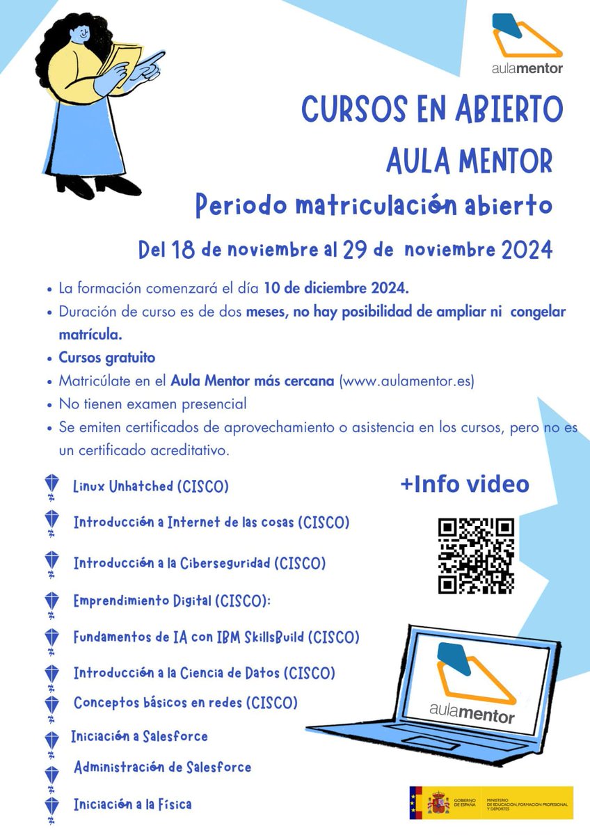📚✨ ¡Cursos gratuitos en el Aula Mentor del #CEPA_Mateo!
🗓️ Matrícula: 18-29 nov.
🎓 Inicio: 10 dic.
⏳ Duración: 2 meses
✅ Sin examen final
Consulta los cursos en el cartel 📋 y mejora tus habilidades.
📩 Info e inscripciones: ¡contáctanos!
#FormaciónGratuita #AulaMentor