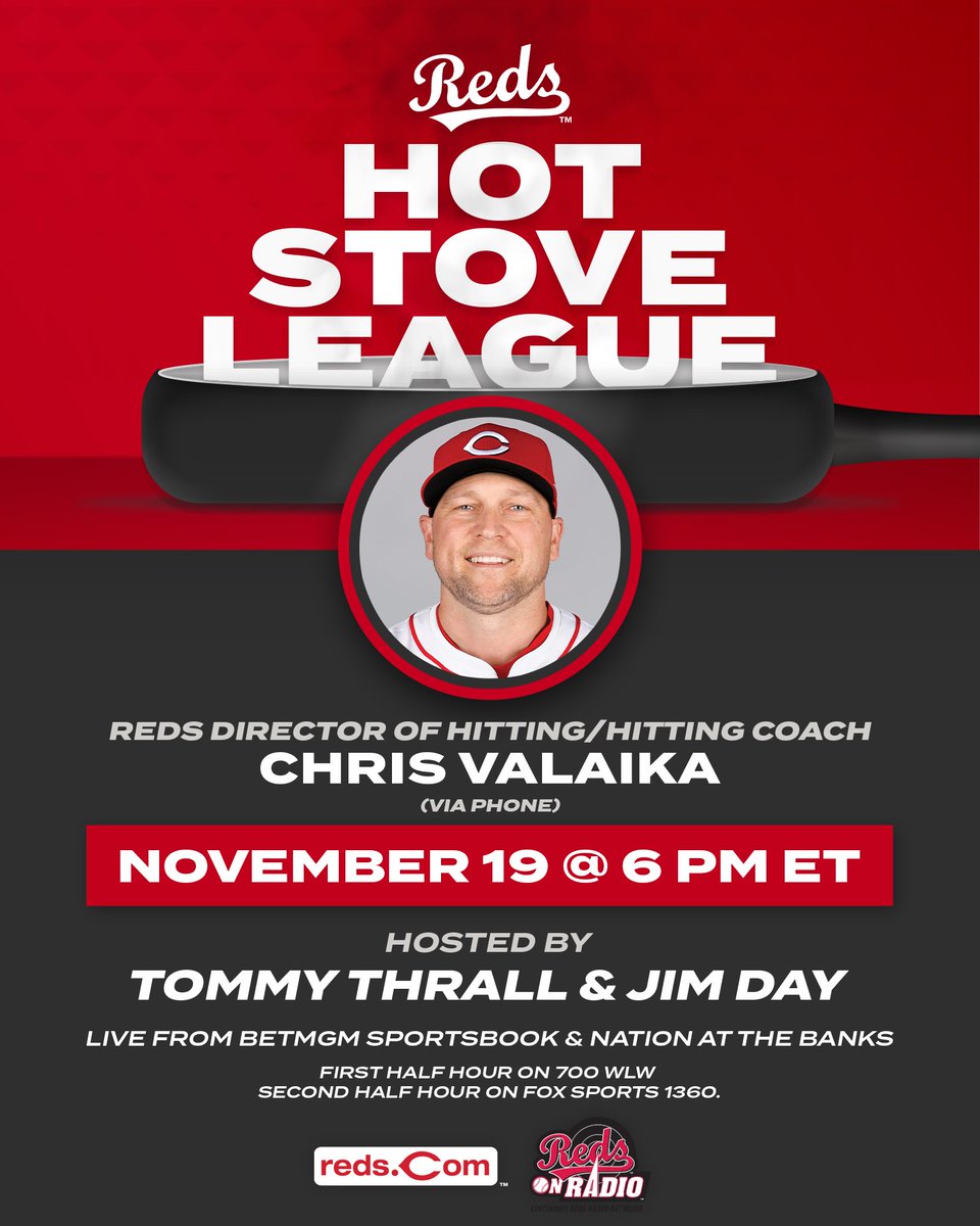 Director of Hitting/Hitting Coach Chris Valaika joins the Reds Hot Stove tonight!

📍 6 PM ET at BetMGM Sportsbook/Nation Kitchen &amp; Bar at The Banks