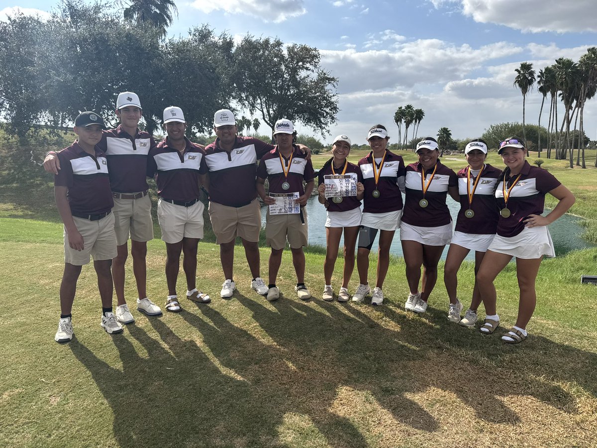LFHSGOLF1's tweet photo. The Los Fresnos Varsity Golf had an excellent showing at the Donna Invitational. The girls team won first place, led by medalist Isabella Ramirez. The boys team placed sixth, and Levi Bennett shot a school record for one round (68, -4) and overall (-6). Congratulations Falcons! https://t.co/Jz1YCrJSDR