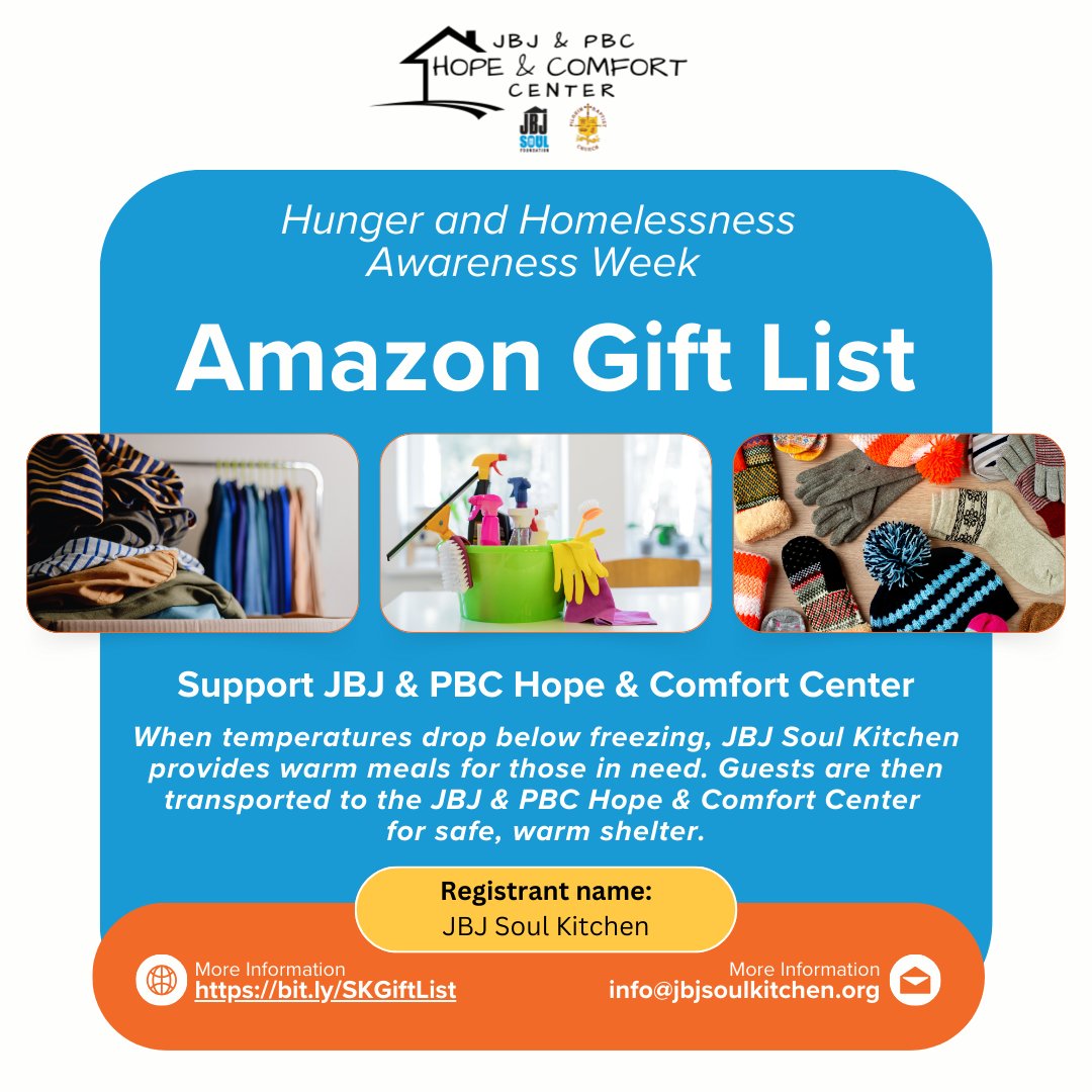Code Blue season is coming! When temps drop below freezing, JBJ Soul Kitchen provides warm meals to guests staying at the JBJ &amp; PBC Hope &amp; Comfort Center for shelter. Help support their stay by donating via our Amazon Wishlist: bit.ly/SKGiftList