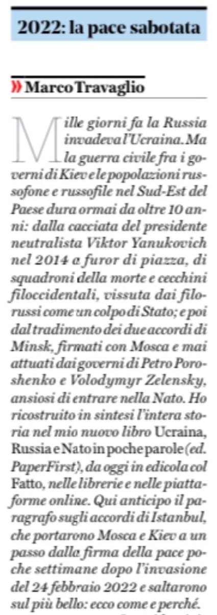 Viktor Yanukovich era “neutralista”, a Maidan c’erano “squadroni della morte e cecchini filoccidentali” e gli accordi di Minsk furono violati “dai governi di Petro Poroshenko e Volodymyr Zelensky”. Il <a href="/fattoquotidiano/">Il Fatto Quotidiano</a> celebra i primi mille giorni di guerra in Ucraina con un nuovo