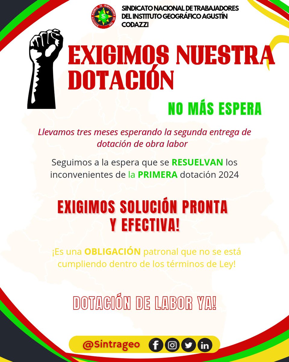 El incumplimiento en la entrega de la dotación de labor  pone en riesgo la confianza y el compromiso mutuo que hemos construido. <a href="/igacColombia/">Instituto Geográfico Agustín Codazzi - IGAC</a>
#CumplimientoDePlazos
#CompromisoLaboral
#GestiónEficiente
#EntregaPuntual
#CumplimientoDeAcuerdosSindicales