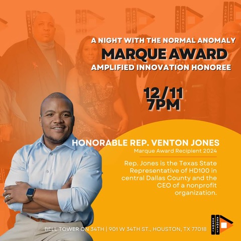 SBPANUS's tweet image. 📢 Save the Date!

Join us on 12/11 at 7 PM for a night to remember: A Night with @TheNormalAnomaly! 🎉 
We're thrilled to celebrate the Honorable Rep. Venton Jones with a 2024 Marque Award as the Amplified Innovation Honoree. 🏆

#MarqueAward  #TheNormalAnomaly  #CommunityImpact