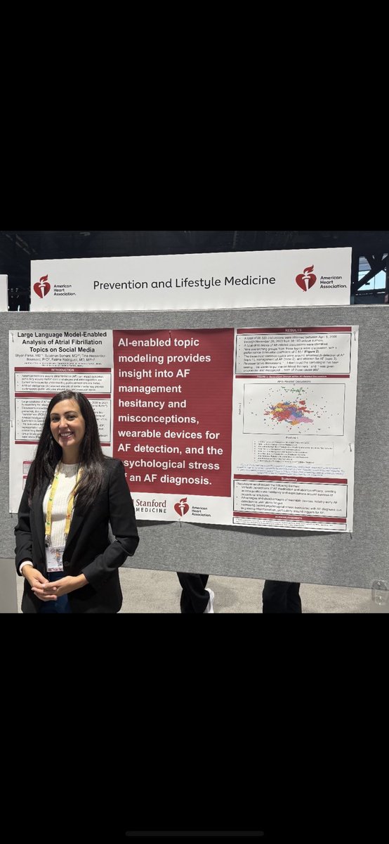Incredible mentor <a href="/FaRodriguezMD/">Fatima Rodriguez</a> presenting our team’s (@sulaimansomani <a href="/tmboussard/">Tina Hernandez-Boussard</a>) poster on large language models in AF at <a href="/AHAScience/">AHA Science</a> 🫀. Nothing like coach filling in after a certain team member suffers an unfortunate conference-limiting ACL injury ⚽️! <a href="/StanfordMedRes/">StanfordMedRes</a>