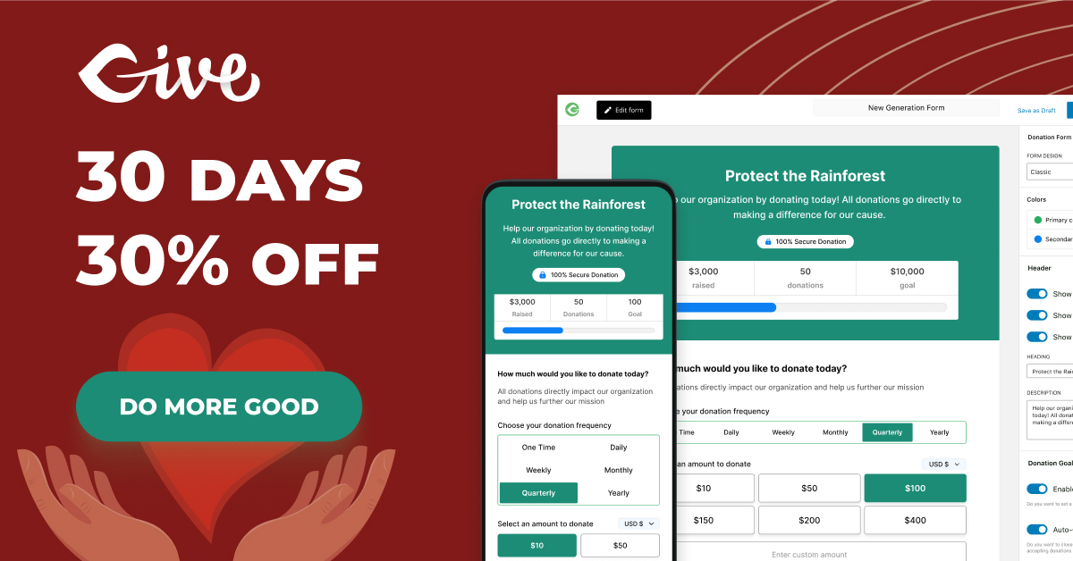 Our sale is still ON 🔥 Get any GiveWP Pricing Plan and save 30% today! 

Shop now ➡️ go.givewp.com/dmg