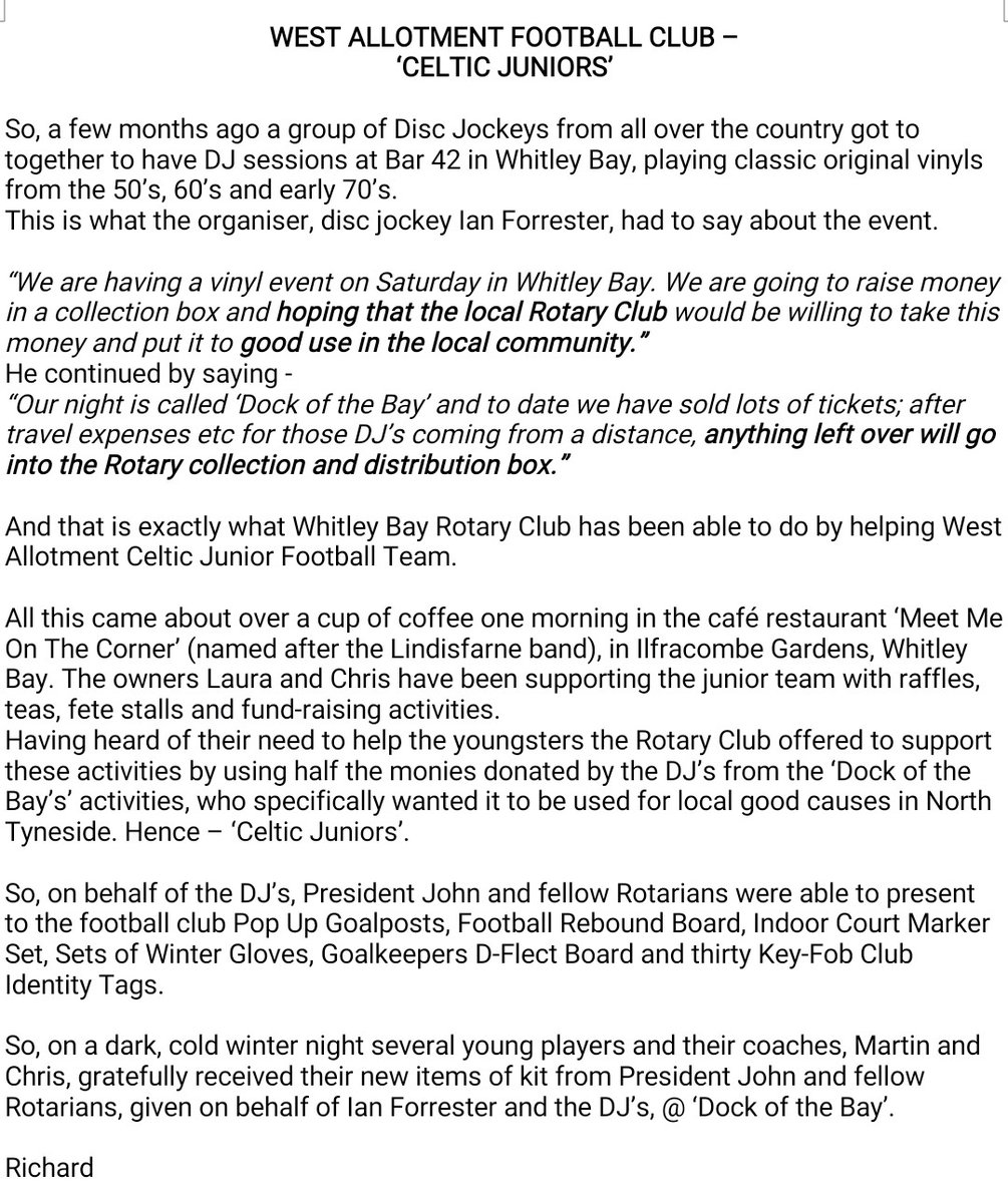 Massive thank you to Whitley Bay Rotary Club who donated over £200 worth of training goods and accessories to our team.
Amazing set of people 👏🏻
Special thanks to Richard for organising and supporting. 💚⚽