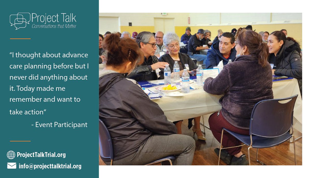 HFA (@hfahospice) on Twitter photo This #HospiceandPalliativeCareMonth, bring #advancecareplanning to your community! Host an event with <a href="/_ProjectTalk/">Project Talk Trial</a> to engage underserved communities in #acp conversations.
We're in year 4 of our 5-year research study. Don't miss this opportunity! Apply: projecttalktrial.org This #HospiceandPalliativeCareMonth, bring #advancecareplanning to your community! Host an event with <a href="/_ProjectTalk/">Project Talk Trial</a> to engage underserved communities in #acp conversations.
We're in year 4 of our 5-year research study. Don't miss this opportunity! Apply: projecttalktrial.org