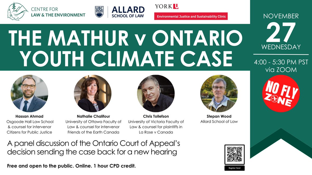 Attend our free #noflyzone webinar on recent #Mathur #youth #climate decision with experts including counsel for interveners in the case and for #LaRose youth plaintiffs, Nov 27 4pm Pacific <a href="/StepanWood/">Stepan Wood</a> <a href="/N_Chalifour/">Nathalie Chalifour</a> <a href="/TollefsonLaw/">Tollefson Law</a> <a href="/hassahmad9/">Hassan M. Ahmad</a> <a href="/OzEJS/">Osgoode EJS Clinic</a> bit.ly/40UfhZj