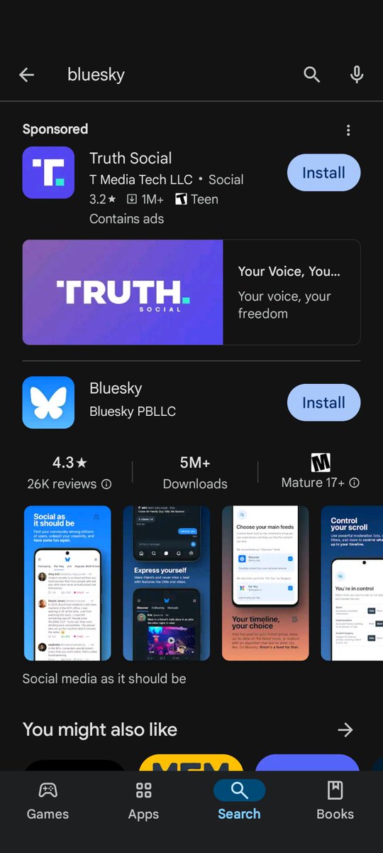 Truth Social comes up at the top of the list as a sponsored ad when I search for Bluesky in playstore. 
 Sundar and Elon can both go F themselves.