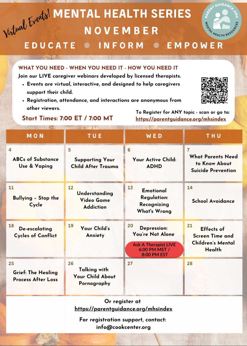 TSC Brain Brigade (@tscbrainbrigade) on Twitter photo TSC Families ~Join Parentguidance.org for “Ask a Therapist Live” with Dr. Kevin Skinner Wednesday evening, November 20th, at 8 pm. Attendance is free and confidential! Register through the QR code on November’s calendar. <a href="/TSCSuper/">Tippecanoe School Corporation</a> <a href="/MrsMarshallTSC/">Anne MacOwan Marshall (she/her/hers)</a> <a href="/jodi_day/">Jodi Day</a> TSC Families ~Join Parentguidance.org for “Ask a Therapist Live” with Dr. Kevin Skinner Wednesday evening, November 20th, at 8 pm. Attendance is free and confidential! Register through the QR code on November’s calendar. <a href="/TSCSuper/">Tippecanoe School Corporation</a> <a href="/MrsMarshallTSC/">Anne MacOwan Marshall (she/her/hers)</a> <a href="/jodi_day/">Jodi Day</a>