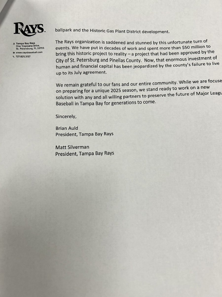 Wow: Here’s the letter Rays leaders are giving county commissioners ahead of this afternoons crucial meeting regarding the future of the stadium deal.

They say the vote delay has “jeopardized” the original deal