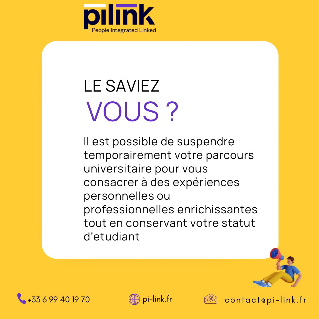 PILINK_SAS's tweet image. ✋ Pause dans vos études ? C’est possible !

🟣 L’année de césure vous offre l’opportunité d’explorer des projets personnels ou professionnels tout en gardant votre statut étudiant.

📖 Découvrez comment sur le blog de Pilink : blog.pi-link.fr/quels-sont-les…

#AnnéeDeCésure #PilinkBlog…