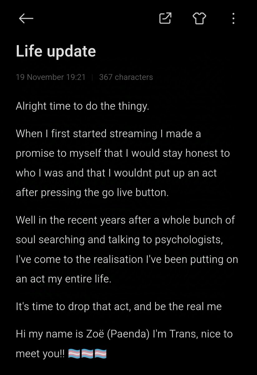 Since my reach is slightly bigger on here as on the blue butterfly app, as promised my announcement!!! What better way to celebrate the last week of #transawarenessweek then by coming out myself 🏳️‍⚧️
I will also be going on a small hiatus of 2-3 weeks away from streaming