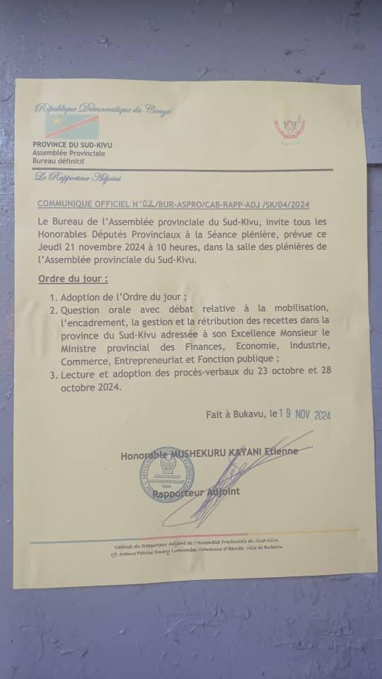 namegabelucky3's tweet image. SUD-KIVU : Le ministre provincial en charge des finances est appelé à s’expliquer par rapport à la gestion des recettes , ce jeudi 21 novembre 2024 , à la séance plénière suite à une question orale avec débat adressée par le député provincial élu de Kalehe #LEBON FUNGULO .