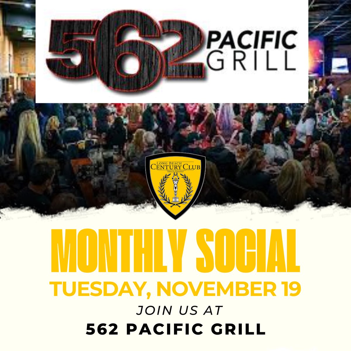 Join us on TONIGHT (Tuesday Nov.19th) from 5-7pm for our end of the month social at 562 Pacific Grill (formerly “On The Rocks”), located at PCH &amp; 7th.   As a bonus, we will be launching our access to new Century Club gear! 👕🩳🧢
