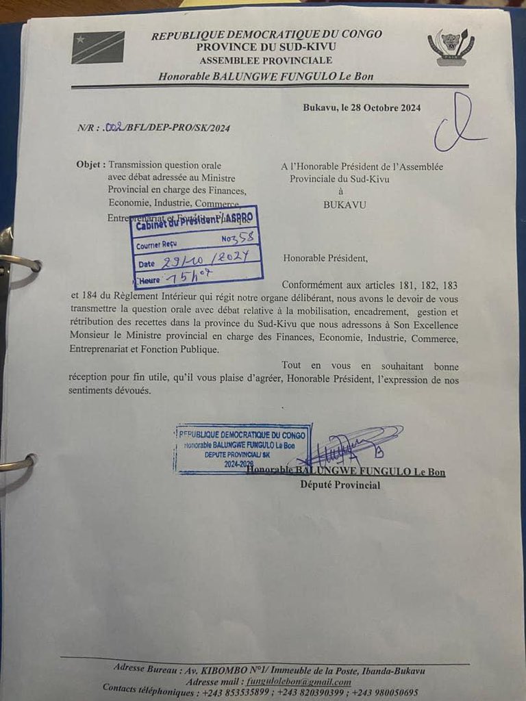 namegabelucky3's tweet image. SUD-KIVU : Le ministre provincial en charge des finances est appelé à s’expliquer par rapport à la gestion des recettes , ce jeudi 21 novembre 2024 , à la séance plénière suite à une question orale avec débat adressée par le député provincial élu de Kalehe #LEBON FUNGULO .