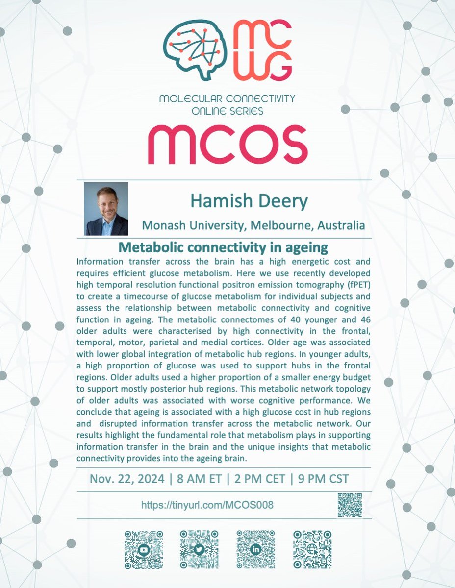 PET Connectivity (@connectivitypet) on Twitter photo You don't want to miss this ⏰
At the next #MCOS, we will look at metabolic connectivity in ageing by
<a href="/DeeryHamish/">Hamish Deery</a> from <a href="/SharnaJamadar/">Sharna Jamadar</a> lab  
Fri, Nov 22 at 8am* ET/2pm CEST/9pm CST/12pm AEDT #molecularconnectivity #MCWG
Register here: tum-conf.zoom-x.de/meeting/regist… You don't want to miss this ⏰
At the next #MCOS, we will look at metabolic connectivity in ageing by
<a href="/DeeryHamish/">Hamish Deery</a> from <a href="/SharnaJamadar/">Sharna Jamadar</a> lab  
Fri, Nov 22 at 8am* ET/2pm CEST/9pm CST/12pm AEDT #molecularconnectivity #MCWG
Register here: tum-conf.zoom-x.de/meeting/regist…