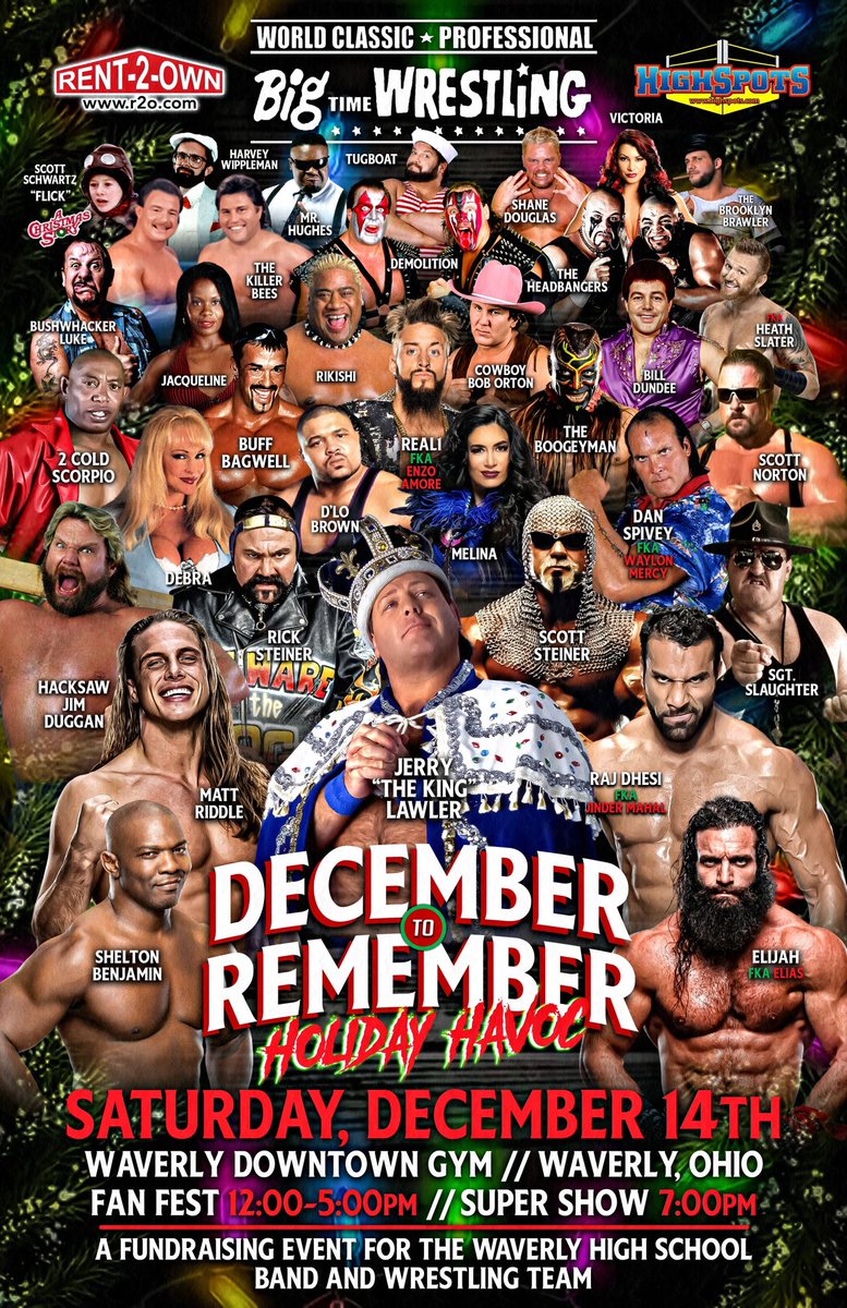 4 WEEKS AWAY!
December 2 Remember takes place Sat Dec 14 @ Downtown Gym located @ 500 East 2nd St Waverly OH! Fan Fest 12-5pm &amp; Super Show 7pm! 
HEADLINING SUPER SHOW:
<a href="/RajTheMaharaja/">The Maharaja</a> vs <a href="/SuperKingofBros/">Matthew Riddle</a> 
<a href="/Sheltyb803/">Shelton J. Benjamin</a> vs <a href="/JakeOmen2012/">Jake Omen</a> 
🎫 holidayhavoc2024.eventbrite.com