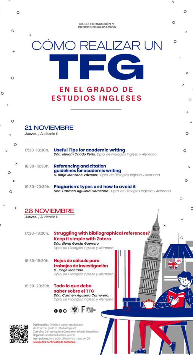 El próximo jueves 21 de noviembre tendremos seminario de TFG para el alumnado del Grado en Estudios Ingleses. Un placer ser parte de él <a href="/CanalUGR/">Universidad Granada</a> <a href="/FyL_UGR/">Filosofía y Letras</a> <a href="/de_inglesa/">Departamento de Filologías Inglesa y Alemana UGR</a> @carmen