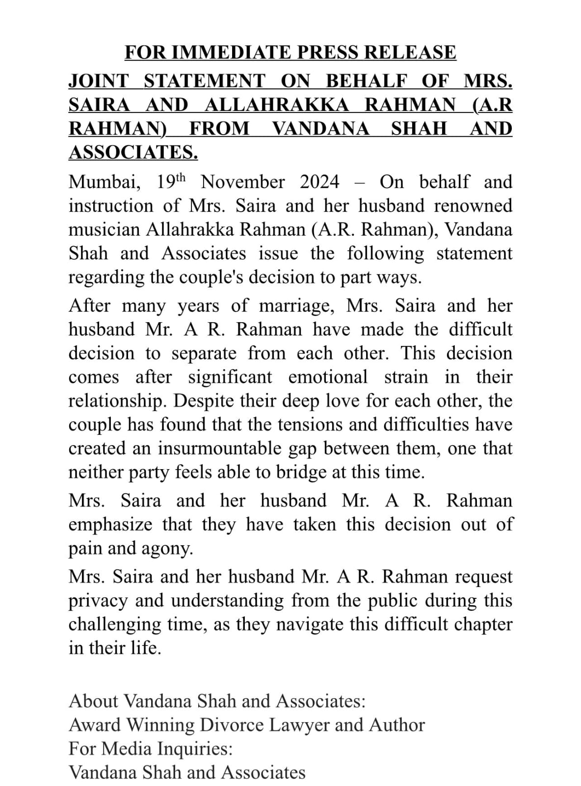 AR Rahman Divorce: Saira Banu AR Rahman Announces Separation After 29 Years
