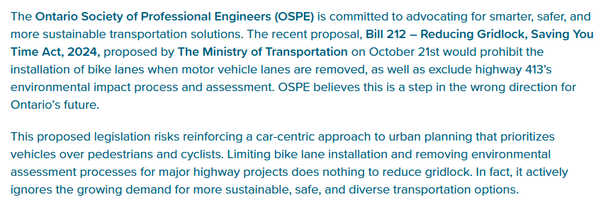 The Ontario Society of Professional Engineers reacts to the government's bike lane ban law. Shorter: they're not big fans! ospe.on.ca/advocacy/respo…