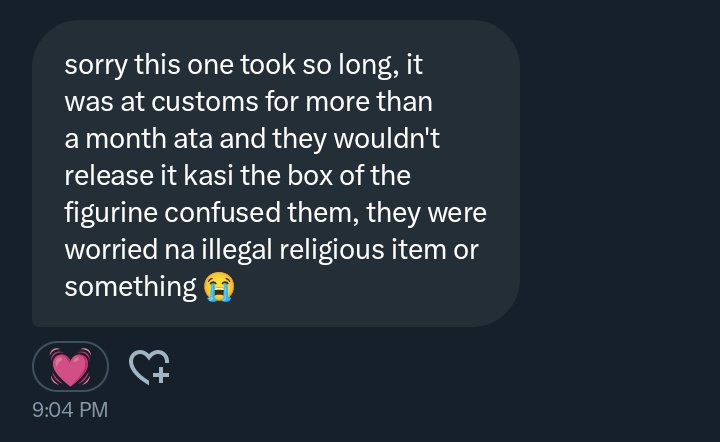 sagopearis's tweet photo. apparently the reason why customs held my kdj figure for so long was bc they thought it was an illegal religious item 😭😭 https://t.co/qkP47Hd8rh