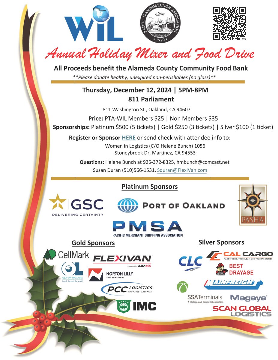 WILNorcal's tweet photo. NEW SPONSORS! The WIL-PTA #HolidayMixer &amp; #FoodDrive is set for Thursday, December 12 at
@811Parliament in Oakland, CA from 5-8pm. All proceeds benefit the @ACCFB. Thank you to all our sponsors!  

Register at: https://t.co/o488uSbM0U

#logistics #WIL #PTA #community https://t.co/VmXLcvRlTh