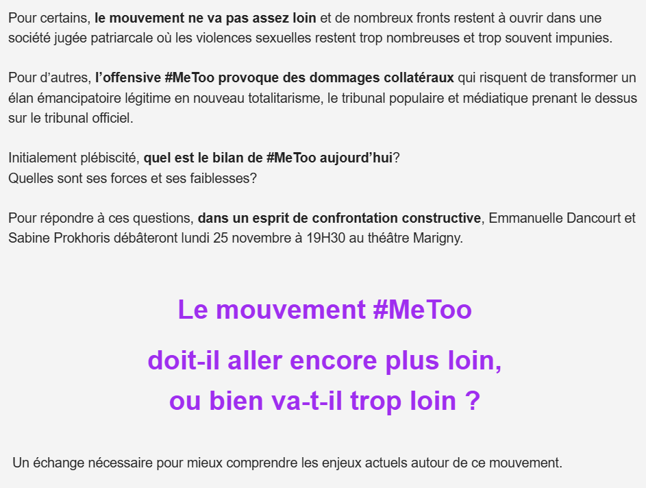 OpinionSquareP's tweet photo. Quel est le bilan de #Metoo aujourd'hui? Quelles sont ses forces et ses faiblesses? 
@emmanuelleDancourt et Sabine Prokhoris, avec la participation  de @BrigitteLahaie1, débâterons à ce sujet lundi 25 novembre  au #theatremarigny 

@MeTooMedia_
@NousToutesOrg 
@FemmesDeSport https://t.co/uEWsyE0oCI