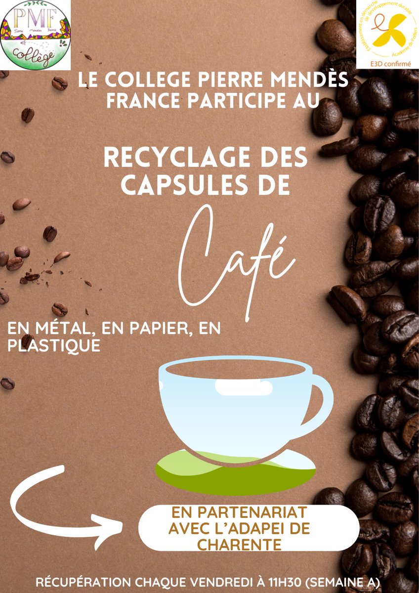 Le collège PMF, en partenariat avec l'IME de Soyaux, s'engage pour la collecte et le recyclage des capsules de café.
Le marc de café est récupéré et sert de compost pour le jardin de l'EEAP. Il est également réutilisé dans le cadre du marché de Noël.
adapei-charente.fr/2022/11/25/ime…