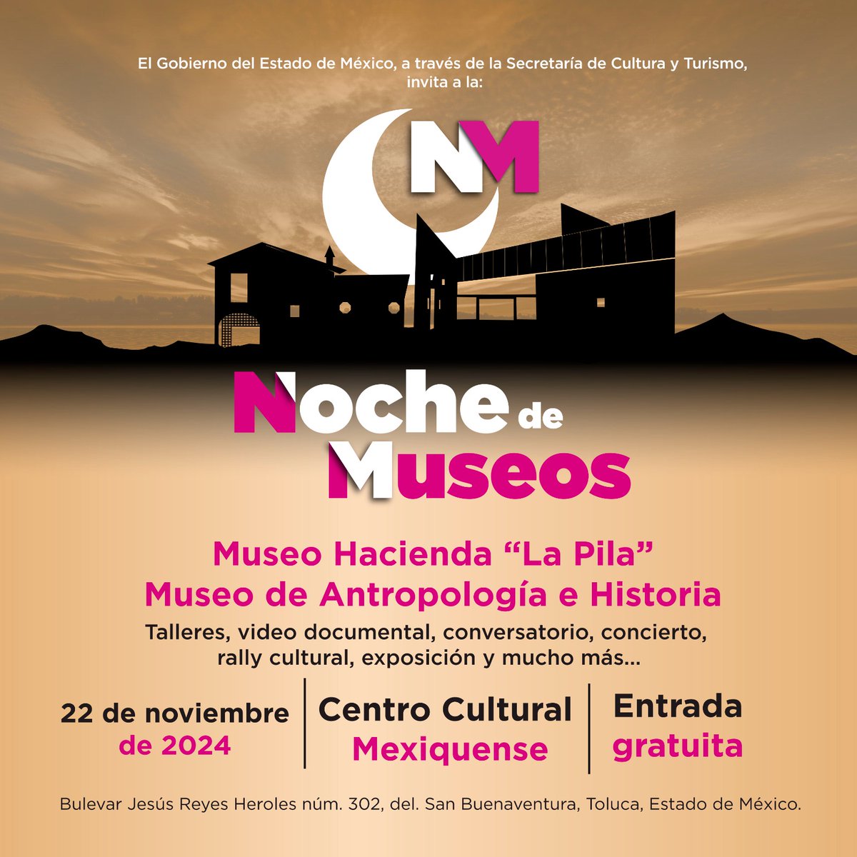 CulturaEdomex's tweet photo. Vive la experiencia de una #NocheDeMuseos🏛️🌛, en el Museo Hacienda La Pila y el @mahedomex, y disfruta de talleres, conversatorios, exposiciones y muchas actividades más.
¡Estará Increíble! 🙌🏽✨

📆 Viernes 22 de noviembre
📍 Centro Cultural Mexiquense, #Toluca.
#ElPoderDeServir https://t.co/STzpouavar