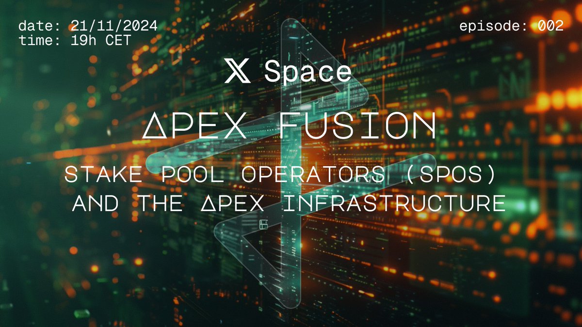 Following our packed 1st X Space, we announce our 2nd session, same time, same day!

This time, it’s all about Stake Pools and Stake Pool Operators (SPOs) - the backbone of Apex Fusion, powering our Layer 1 chain, PRIME. With 80+ SPOs already live on Testnet, we’ll explore what
