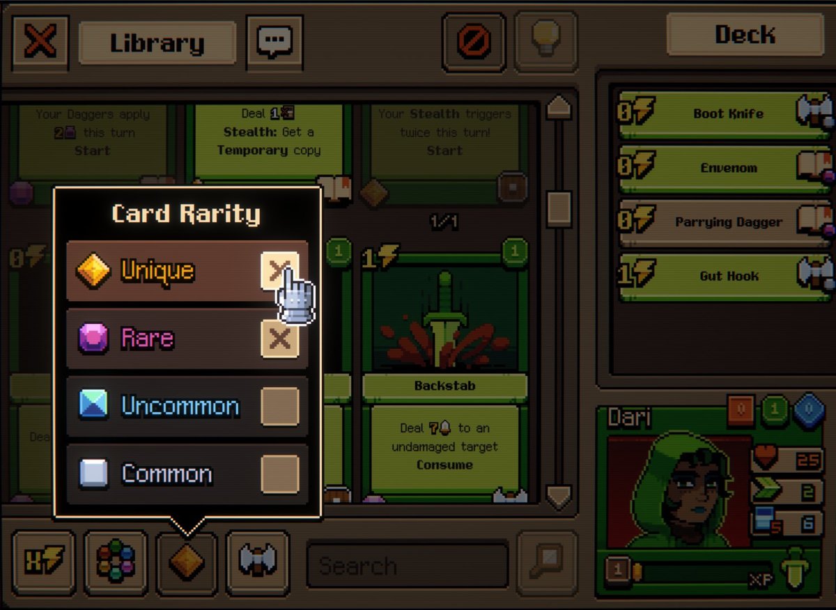 small thing, but I'm really happy with how these filter menus for the card library turned out
#pixelart #gamedev