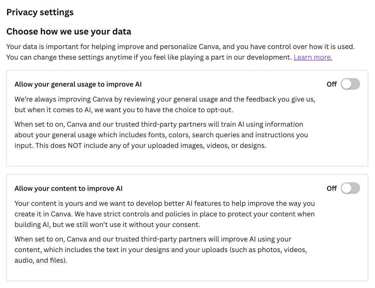 MelJRey's tweet photo. Attention Canva users! Check your privacy settings as the default is set to train their AI services! You need to go into your privacy settings and switch it off! https://t.co/FVC9R4igVU
