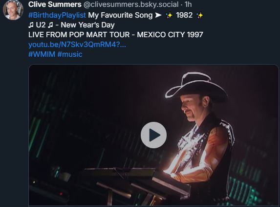 CliveSummers's tweet image. To celebrate my latest birthday, my wonderful wife @MagdoolaR had a great idea that I should make a playlist of my favourite song from each year of my life (so far).
Then I pressed 'shuffle' and today &amp;amp; tomorrow I’m posting them on Bluesky in the order in which they played.
