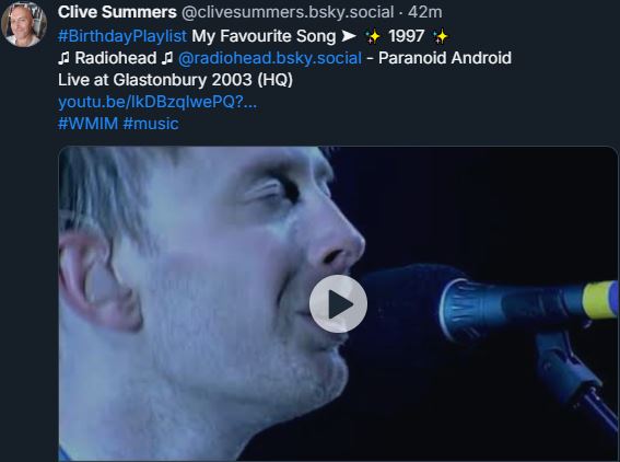 CliveSummers's tweet image. To celebrate my latest birthday, my wonderful wife @MagdoolaR had a great idea that I should make a playlist of my favourite song from each year of my life (so far).
Then I pressed 'shuffle' and today &amp;amp; tomorrow I’m posting them on Bluesky in the order in which they played.