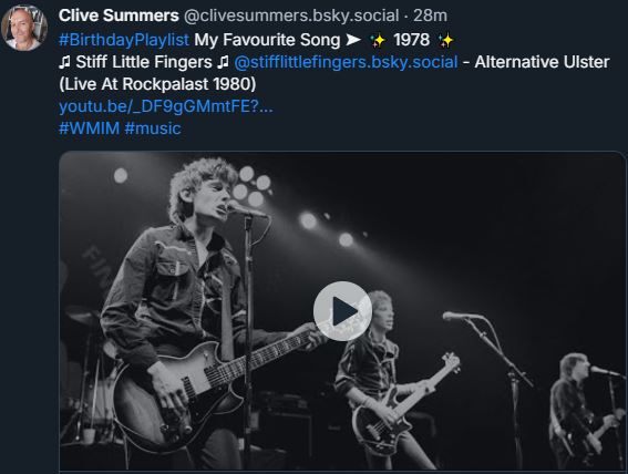 CliveSummers's tweet image. To celebrate my latest birthday, my wonderful wife @MagdoolaR had a great idea that I should make a playlist of my favourite song from each year of my life (so far).
Then I pressed 'shuffle' and today &amp;amp; tomorrow I’m posting them on Bluesky in the order in which they played.