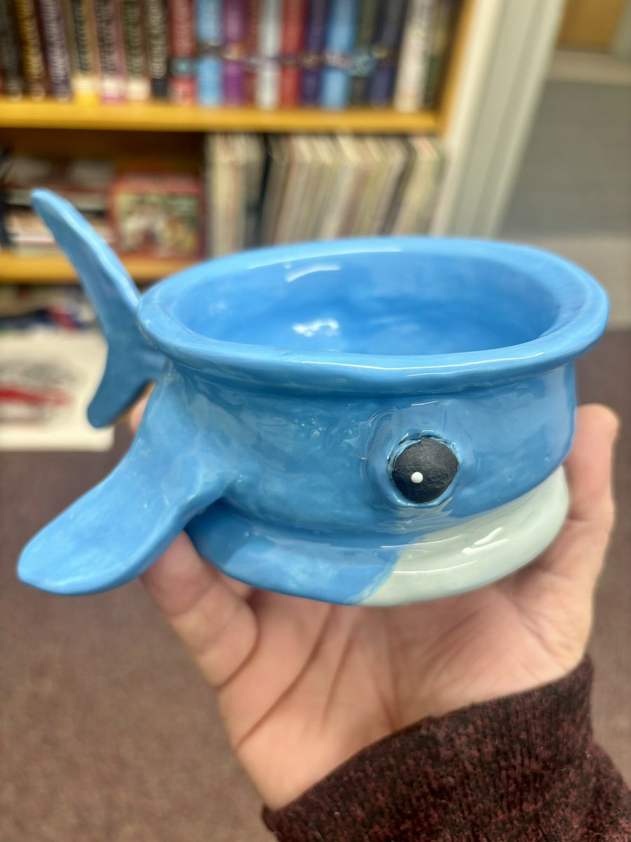 My kiddo’s pottery teacher told them they had to craft a pun. This is a “fishbowl.”

The delaoffspring are a talented bunch.
