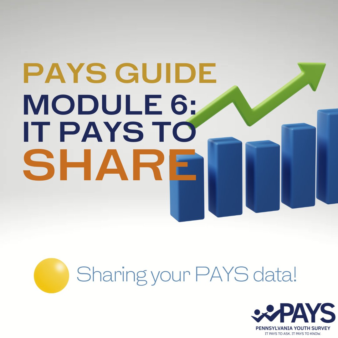 Evidence-based Prevention and Intervention Support (@epispennstate) on Twitter photo Module 6 of the PAYS Guide, SHARE your data. What you'll consider in this final module is what audience to share which data points and the method of sharing that info. This is a great time to engage youth! Finally, determine positive ways to share data!
#itpaystoknow #paysguide Module 6 of the PAYS Guide, SHARE your data. What you'll consider in this final module is what audience to share which data points and the method of sharing that info. This is a great time to engage youth! Finally, determine positive ways to share data!
#itpaystoknow #paysguide
