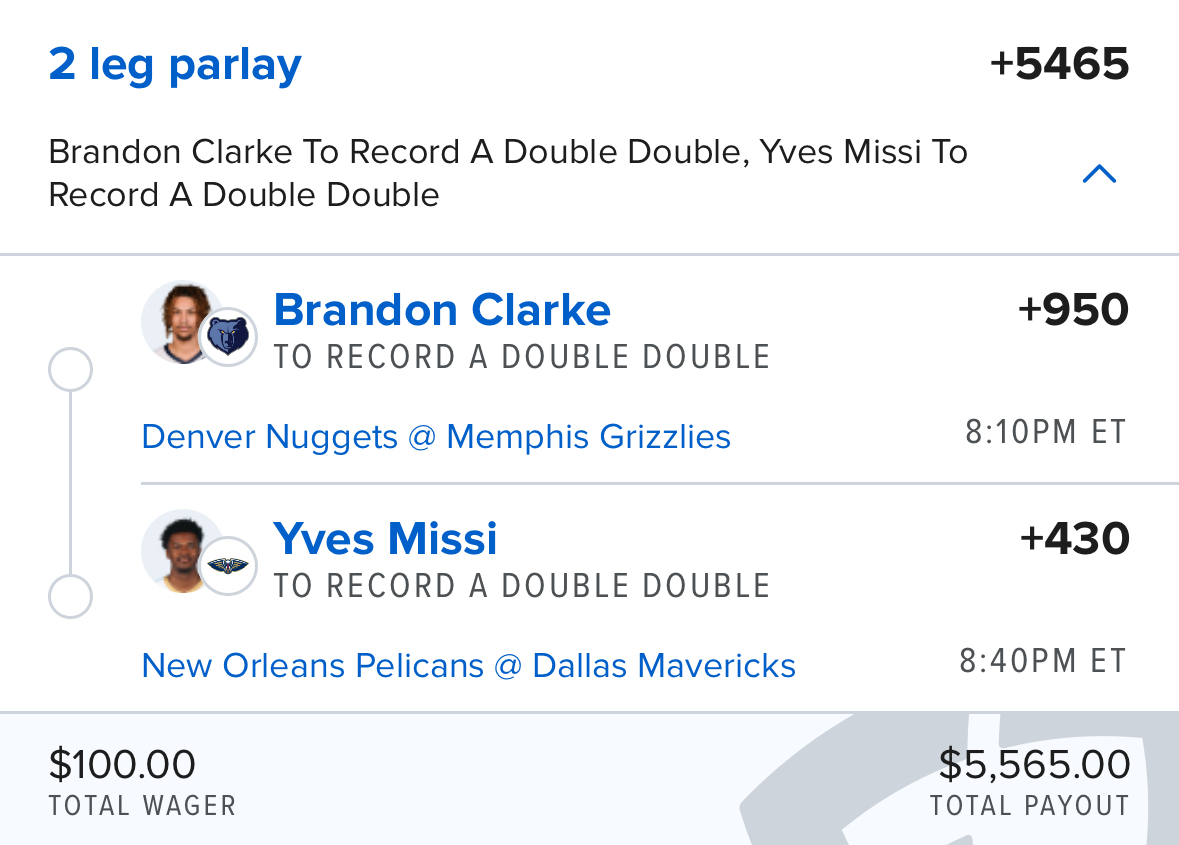 whiffboard's tweet photo. Juicy double-double parlay tonight 🏀💰:

🎯Brandon Clarke DD (+950): Nuggets give up the 6th most boards to centers. With Edey out, Clarke should see even more burn—he had 7 boards on 14 chances vs. Denver last game.

🔌Yves Missi DD (+430): Missi's been a beast for the depleted Pels, and Dallas gives up the 7th most boards & 3rd most points to centers. Great value here!

$100 -> $5,565 potential payout. Let's roll! 🚀🔥 #NBA #ParlayLife #nbabets