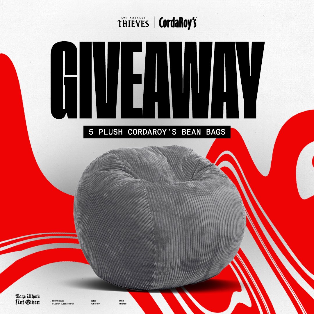 Been comfy like no other recently, so we're giving away FIVE of these bean bag chairs 🙂‍↕️

To enter:

Like + Repost this
Follow <a href="/CordaRoys/">cordaroys</a> + <a href="/LAThieves/">LA Thieves</a>
Fill out the form linked below